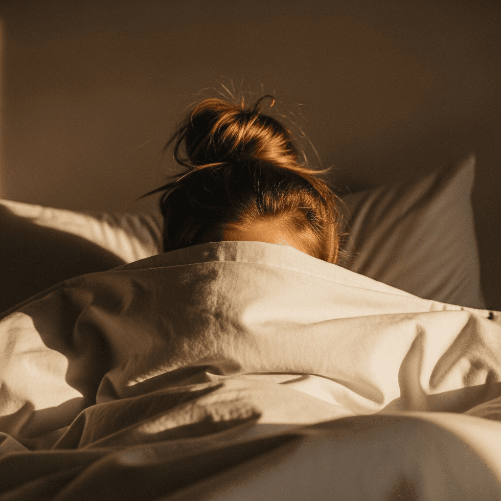 Person in bed under blanket (only head visible)