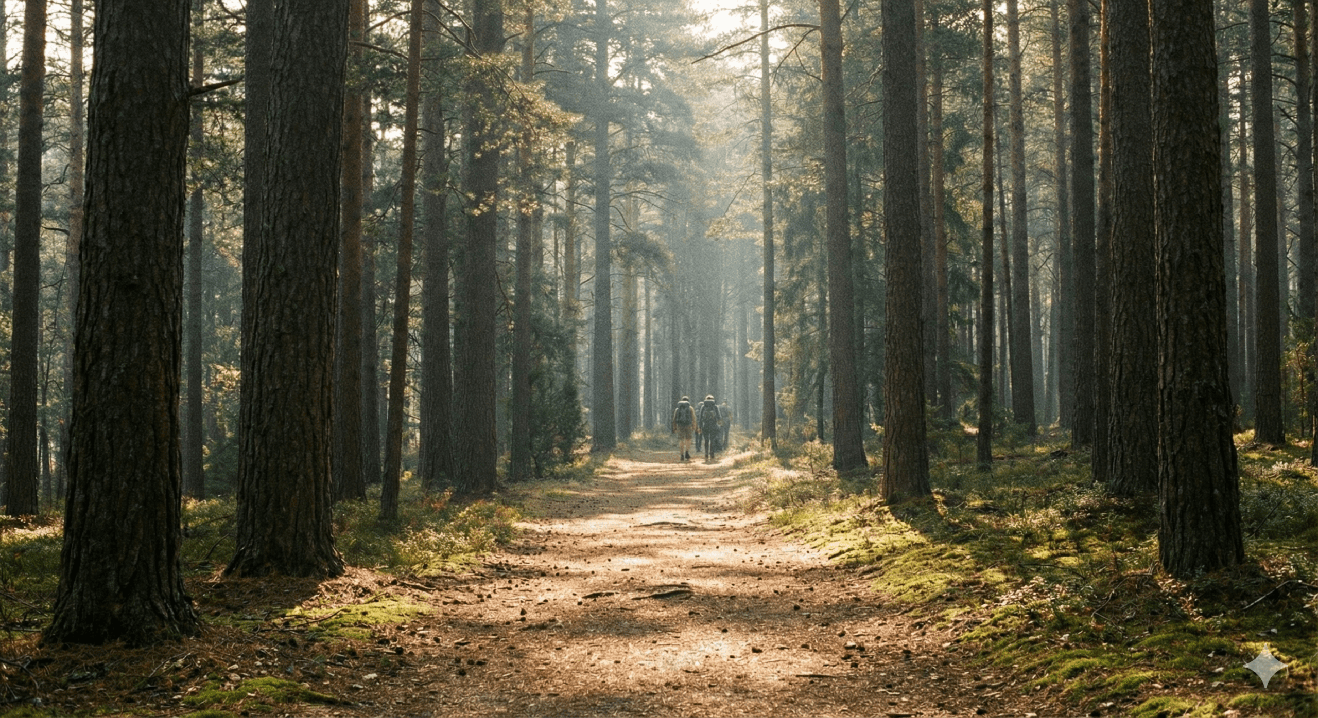 A shot of a walking trail winding through a pine forest