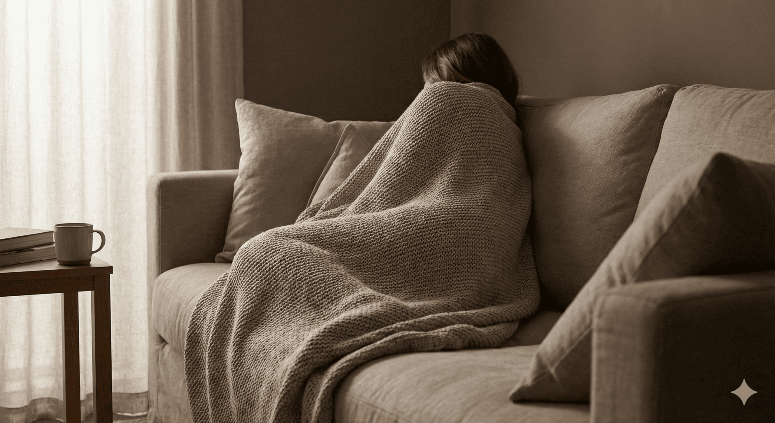 A person wrapped in a blanket sitting quietly on a sofa, shown from the side or behind, face out of frame